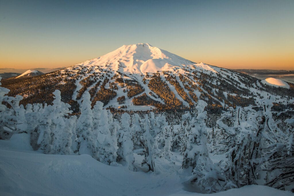 Mt. Bachelor covered in snow at sunset