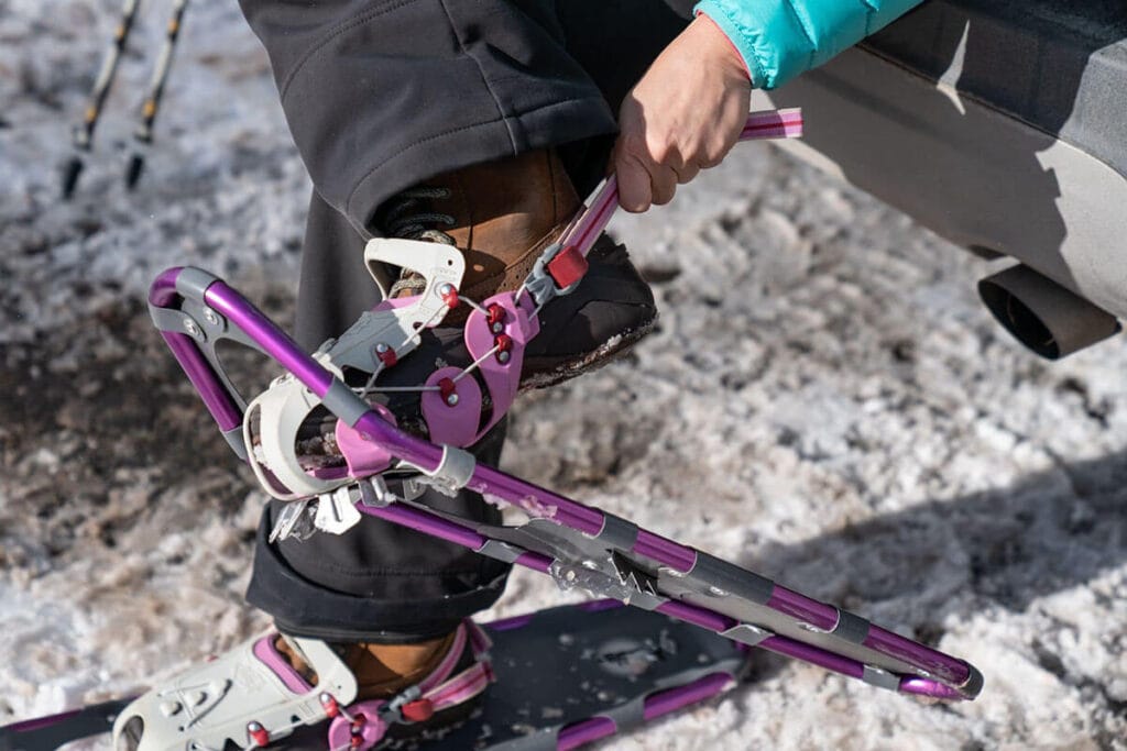 Close up of a woman putting on purple snowshoes