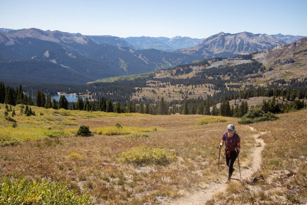 woman hiking in Colorado in the fall in women's hiking pants