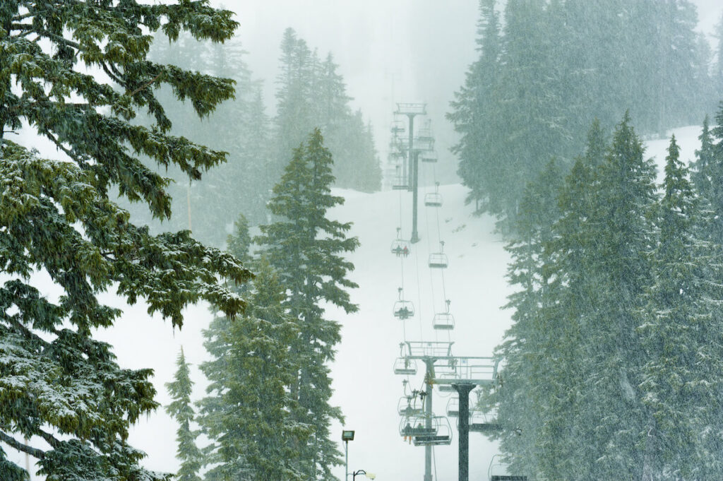 Mt. Hood Meadows chair lift while snowing 