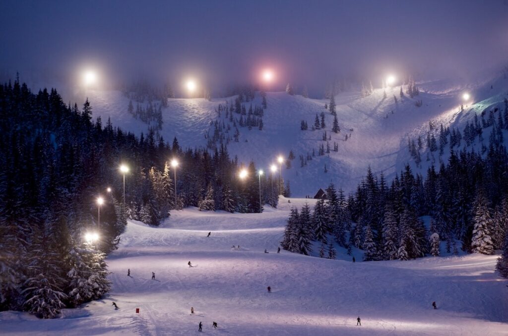 skiers at Mt. Hood ski bowl at night