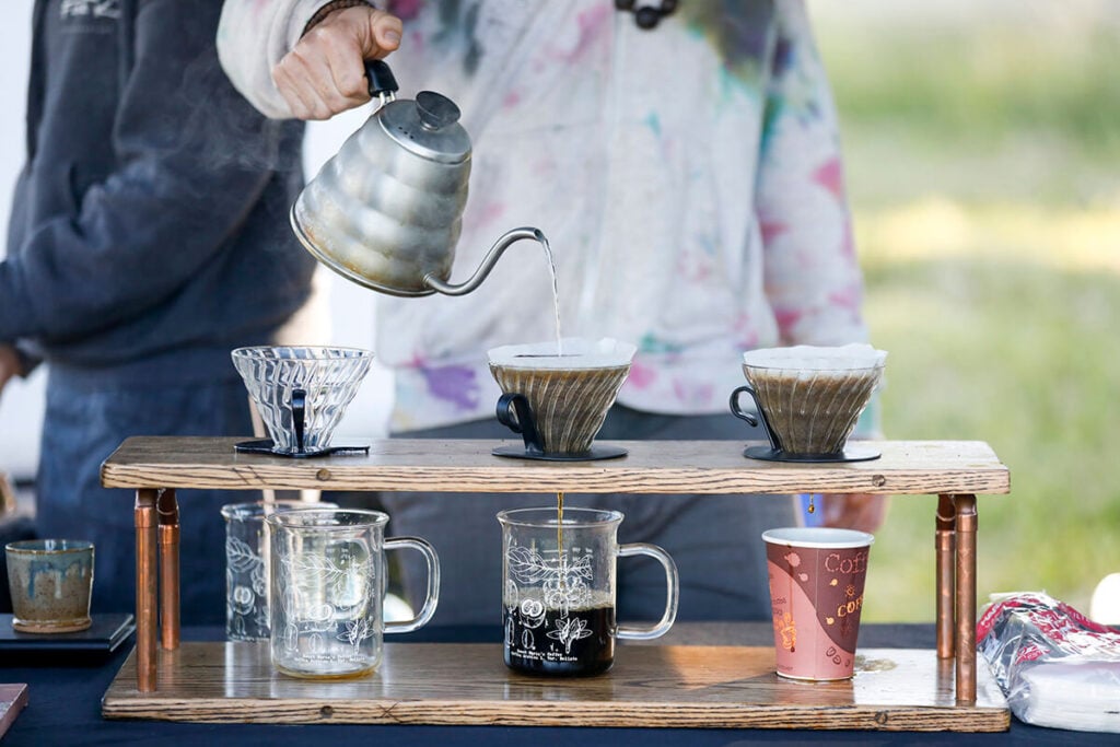 Pour over coffee being made by North Fork Coffee Roasters at Open Roads Fest, a van life festival in McCall Idaho