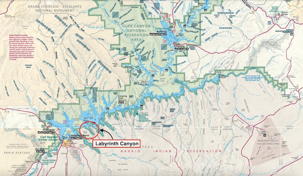 Map of Lake Powell in the Glen Canyon National Recreational Area in Utah and Arizona.