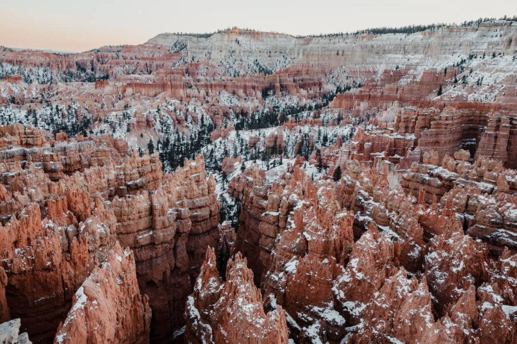 Bryce Canyon National Park from above with snow