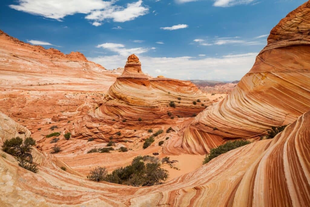 Red and white sandstone rock formations at The Wave near Kanab, Utah