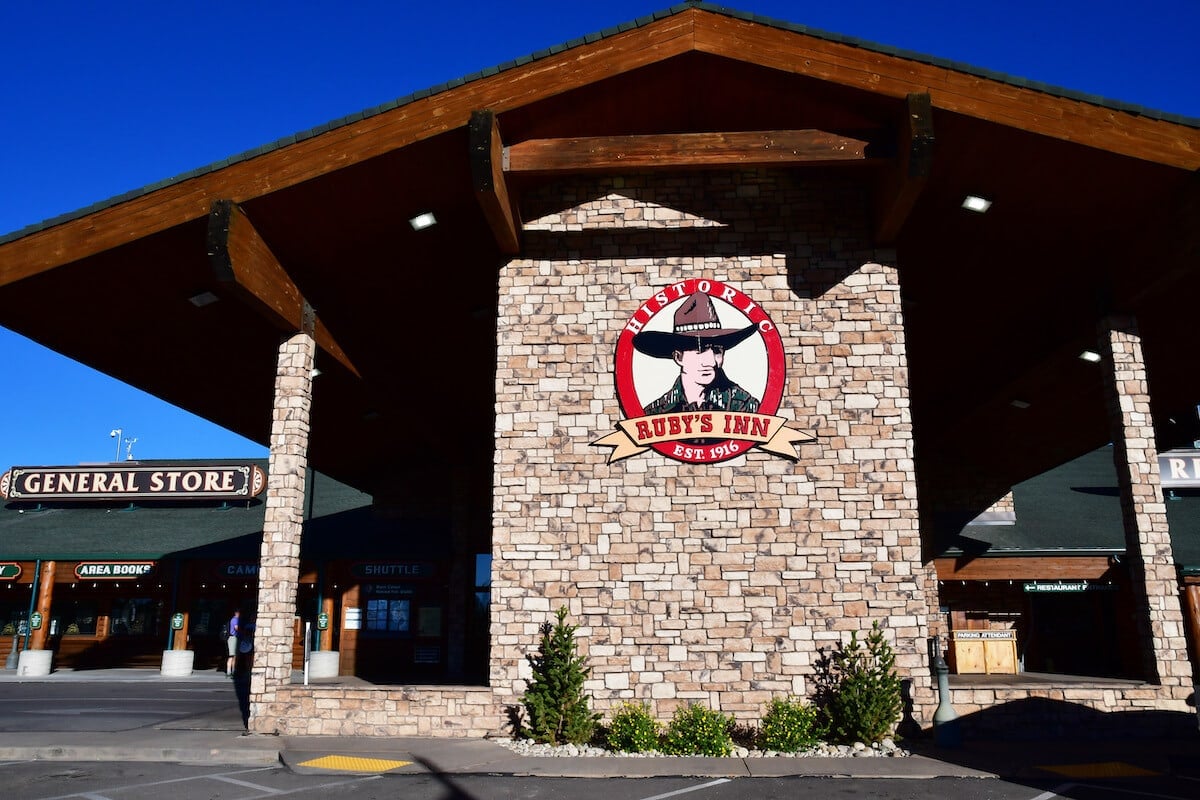 The Ruby's Inn logo on the outside of the Ruby's Inn stone building.