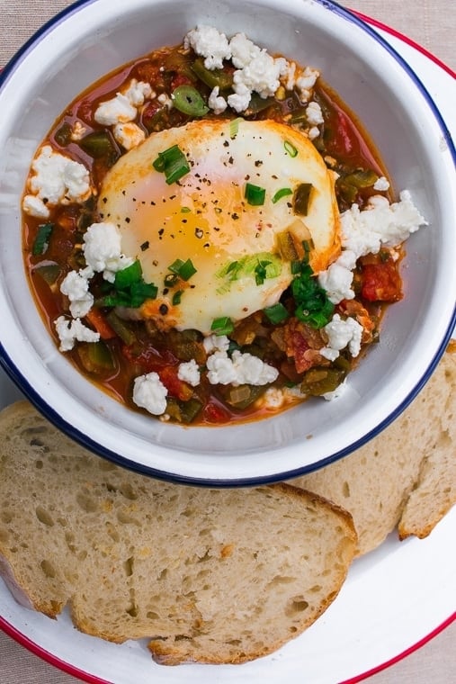 One pot camping meal Shakshuka in a camping bowl