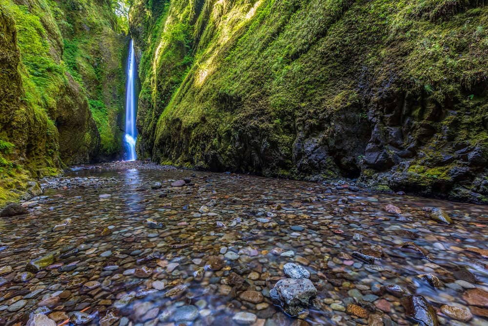 Thin, cascading waterfall spilling into shallow pool of water on Oneonta Trail outside of Portland, Oregon