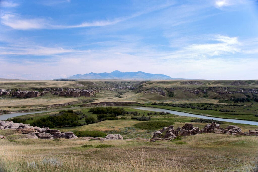 Scenic open landscape with rock boulders and Milk River