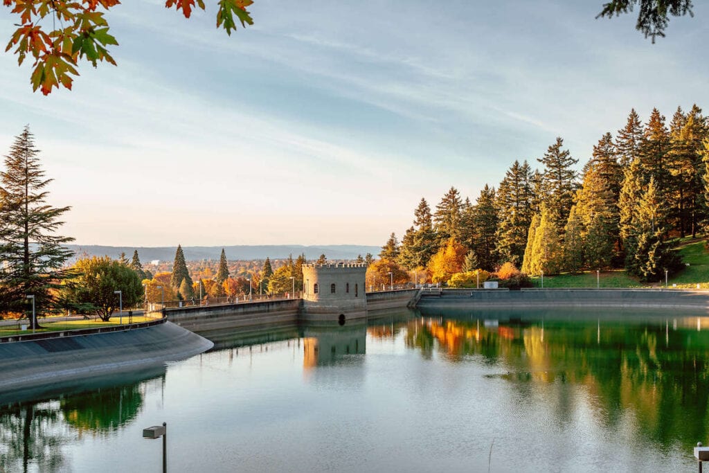 Open water reservoir at Mt. Tabor park in Portland, Oregon