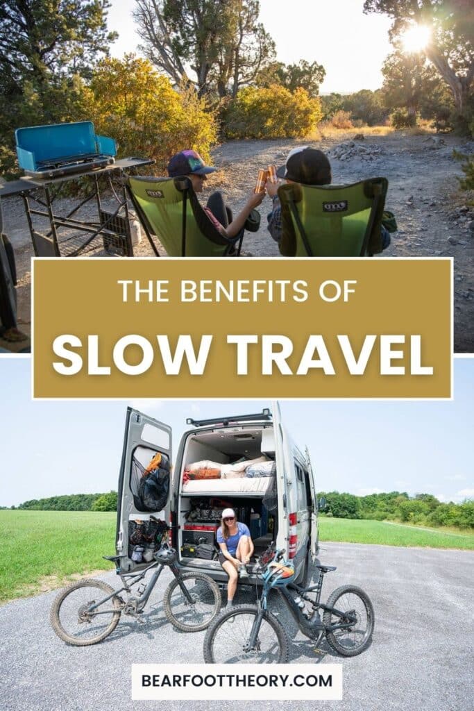 Kristen Bor and her partner cheersing in camp chairs and a separate image of her sitting in the back garage of a Sprinter van with the doors open and two bikes out on the ground with text that says "The benefits of slow travel"