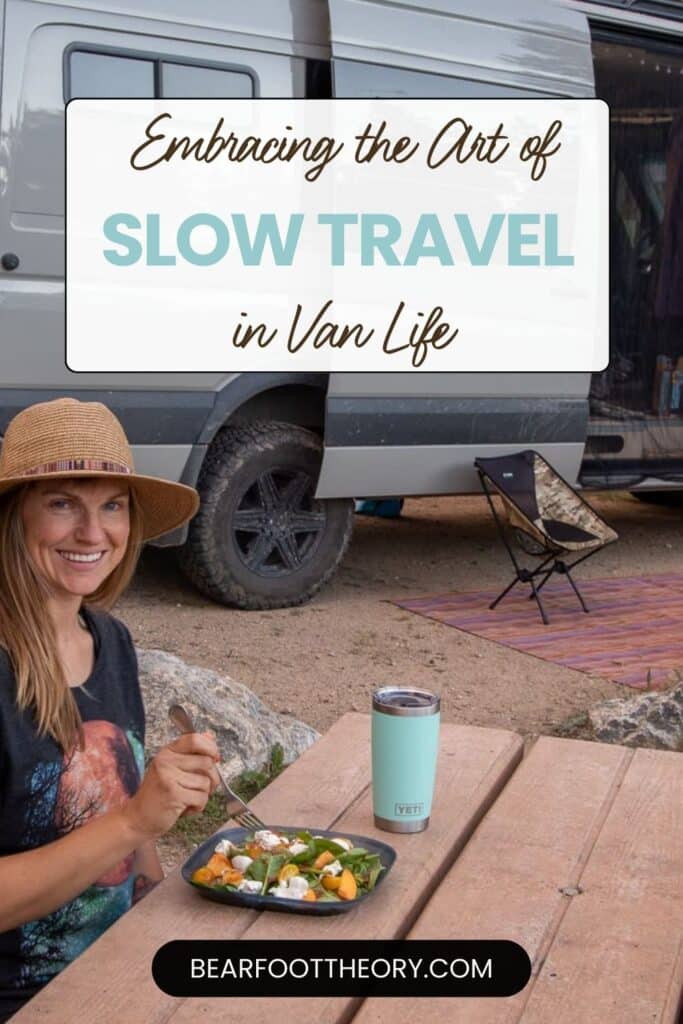 Kristen Bor sitting at a picnic table at a campsite with text that says "Embracing the art of slow travel in van life"