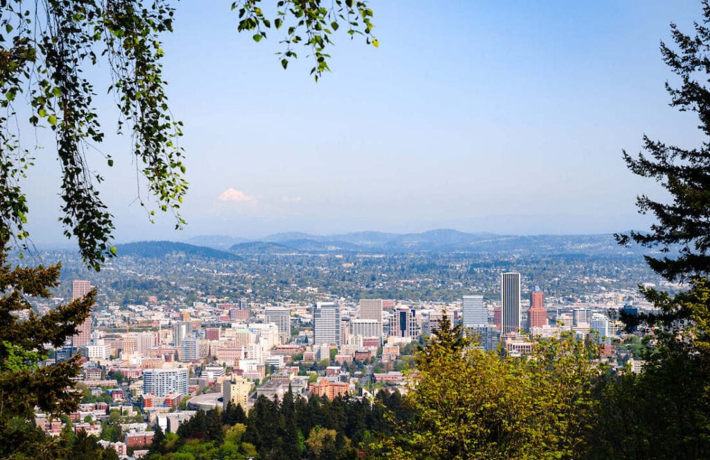 Views out over the city of Portland, Oregon with Mt. Hood in the distance from the top of Council Crest