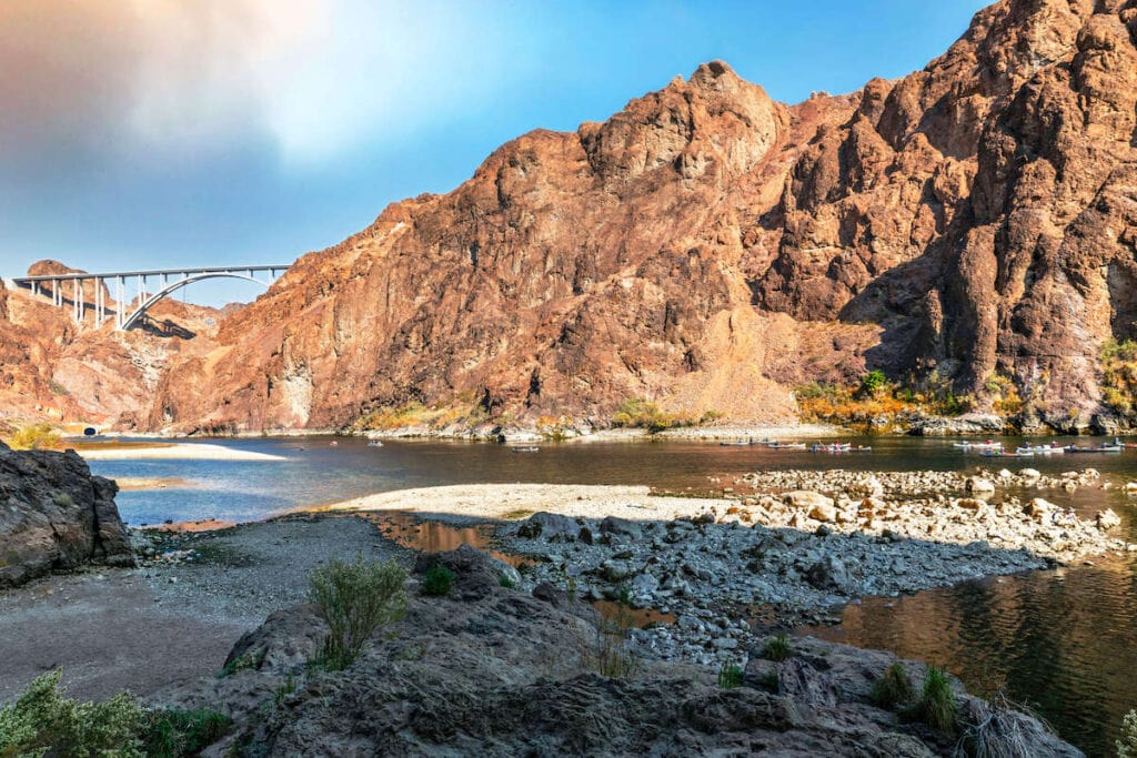 The start of the Black Canyon Water Trail just below Hoover Dam with bridge spanning tall cliffs