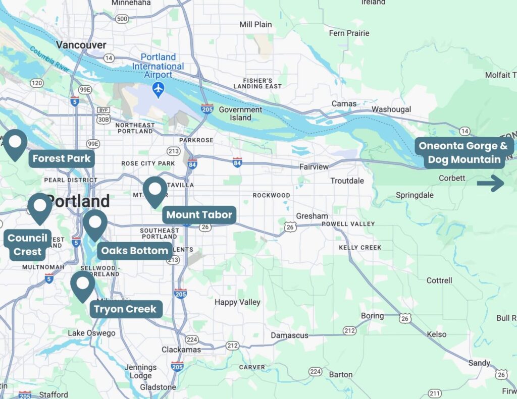 Map showing with location markers of best trails in Portland Oregon