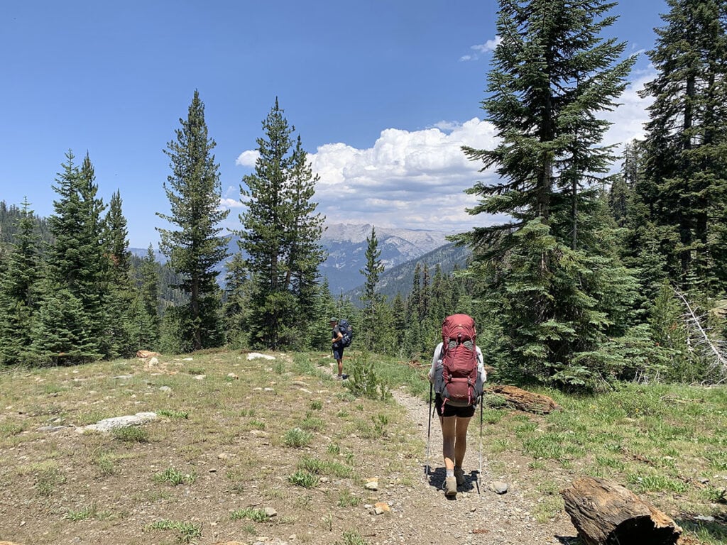 Two backpackers wearing large packs hiking on trail in Sequoia National Park