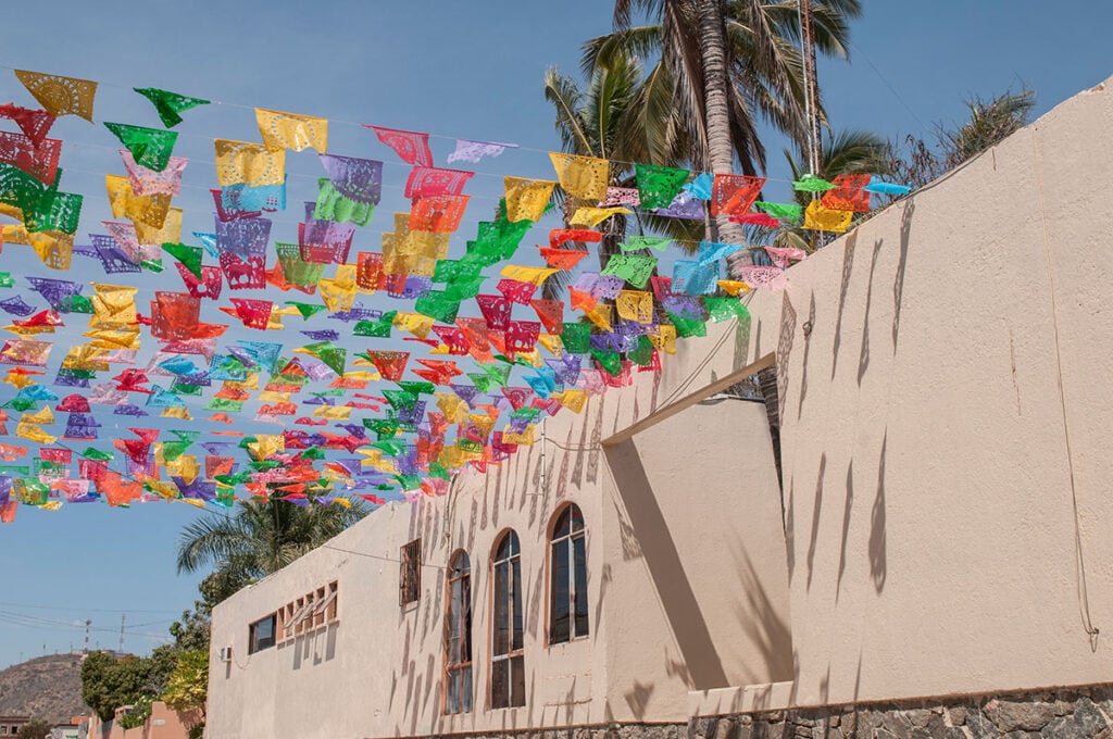 Colorful flags over Todos Santos, Baja California, Mexico