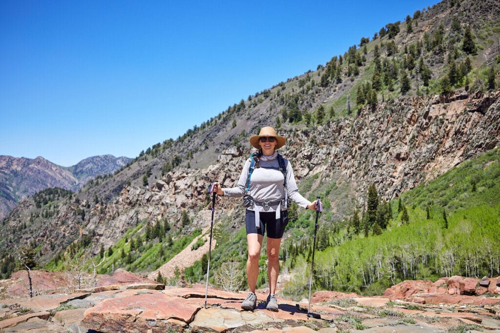 A woman wearing Oboz Sawtooth X hiking boots at Blanche Lake