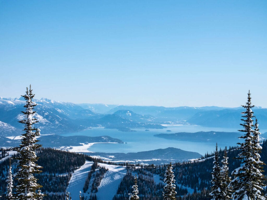 Views out over Lake Pend Oreille from Schweitzer Mountain in Sandpoint, Idaho during winter