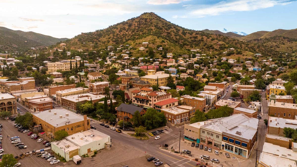 View of downtown Bisbee, Arizona from hill outside of town