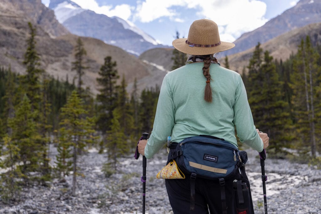 Hiker facing away from camera on trail wearing Dakine Hot Laps 5L waistpack. Snowcapped mountains in distance