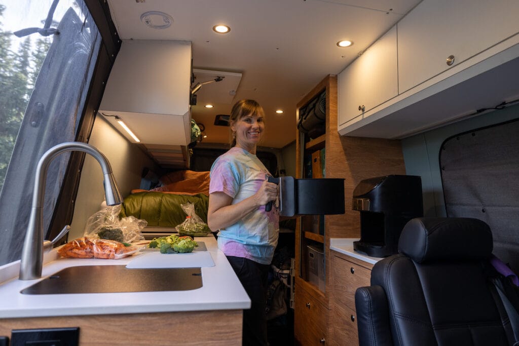 Large galley in a Sprinter Van designed for off-grid living