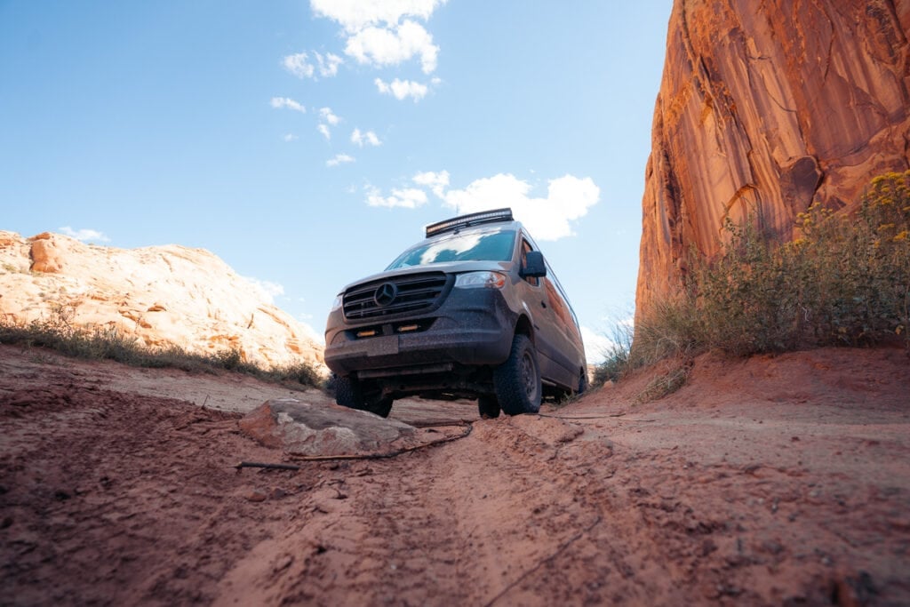 Sprinter Van off-roading in Utah with upgraded suspension