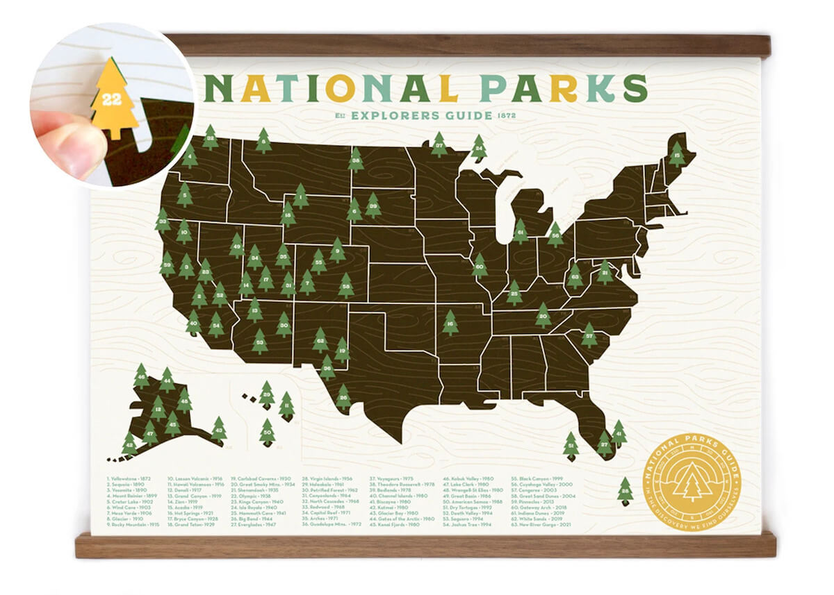 National Park map with 63 parks marked with green tree