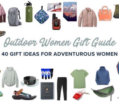 text: "Outdoor Women Gift Guide: 40 Gift Ideas for Adventurous Women" with product icons surrounding the text