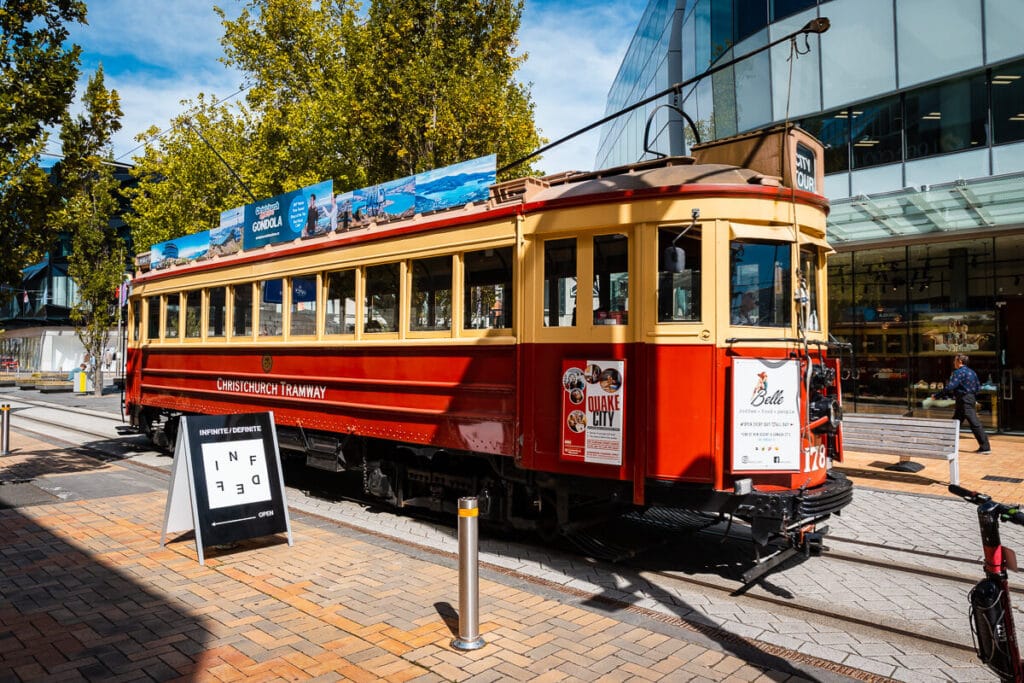 Tram on tracks in Christchurch, New Zealand