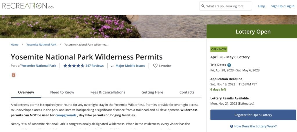 Screenshot of the John Muir Trail Permit website