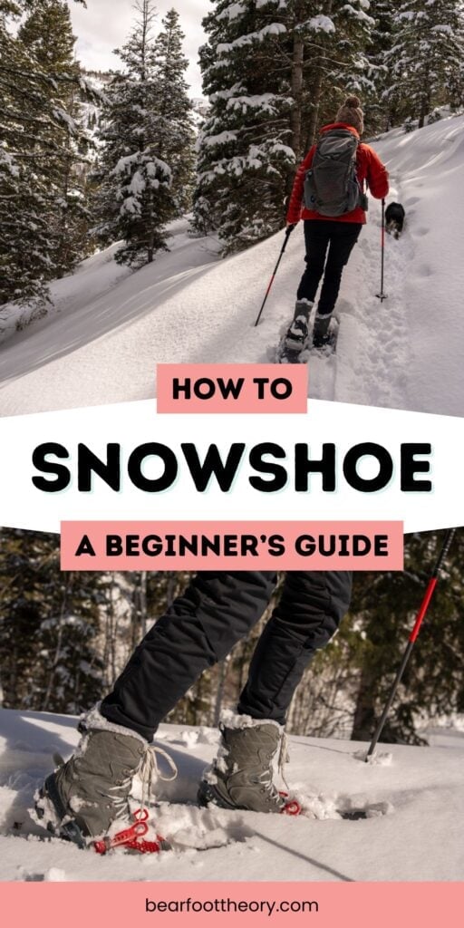 Kristen Bor snowshoeing through the forest with a dog with text "how to snowshoe - a beginner's guide"