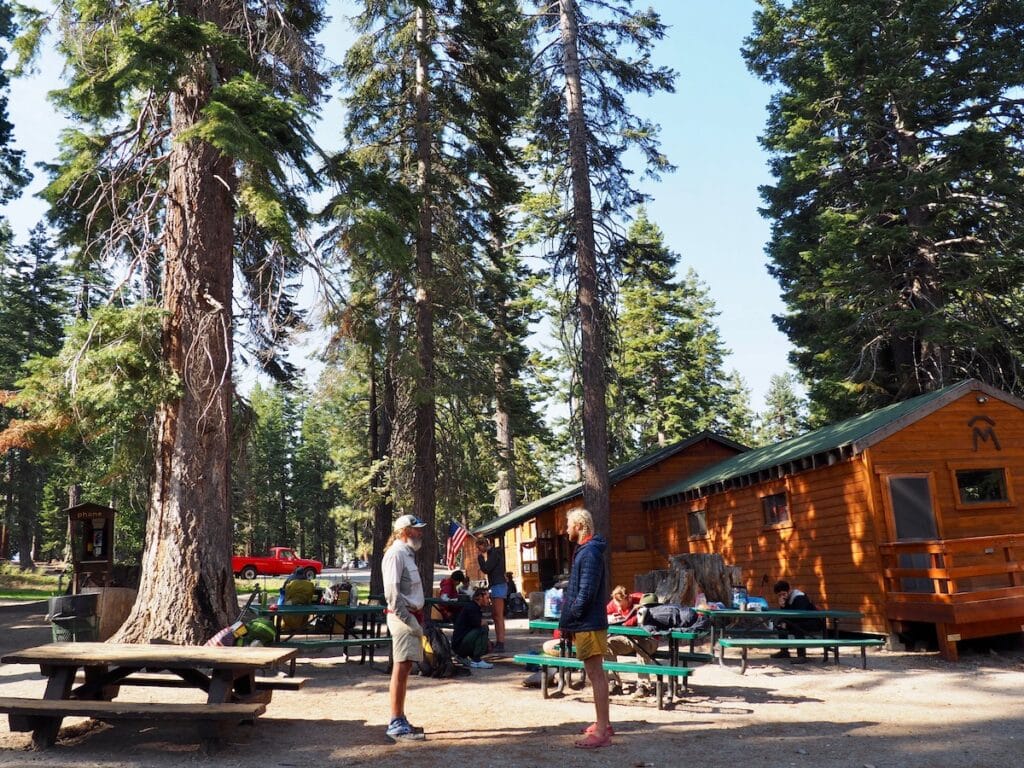 Thru hikers yack outside Red's Meadow, a resupply spot on the John Muir Trail