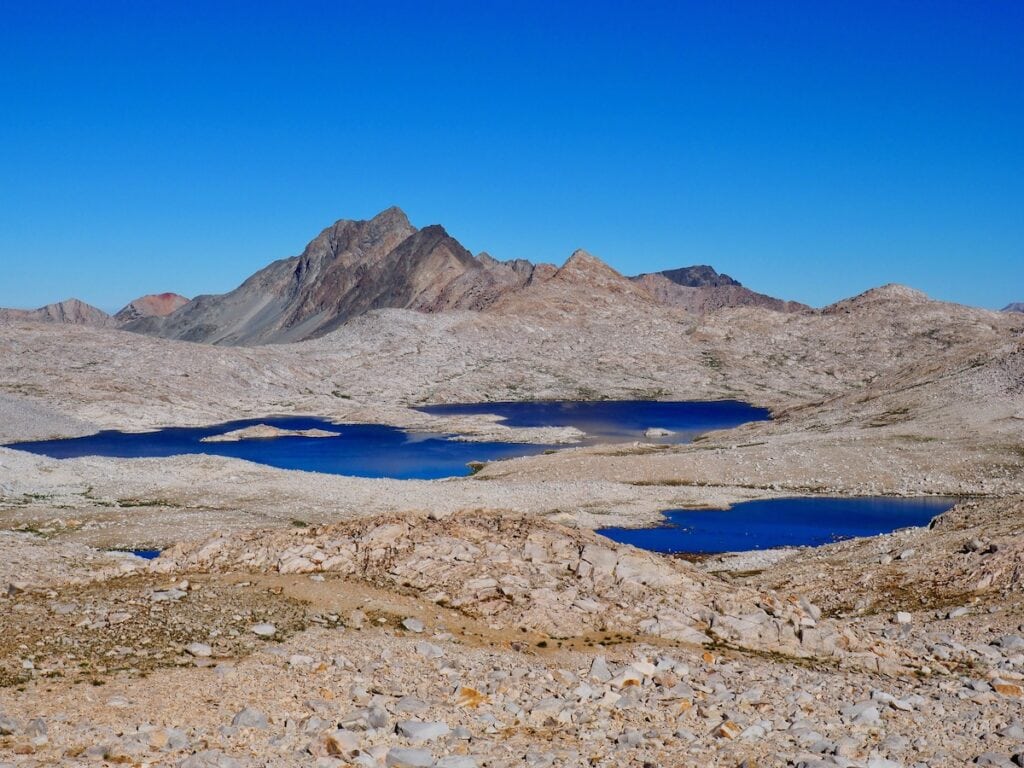 Three blue lakes in Evolution Basin on the JMT