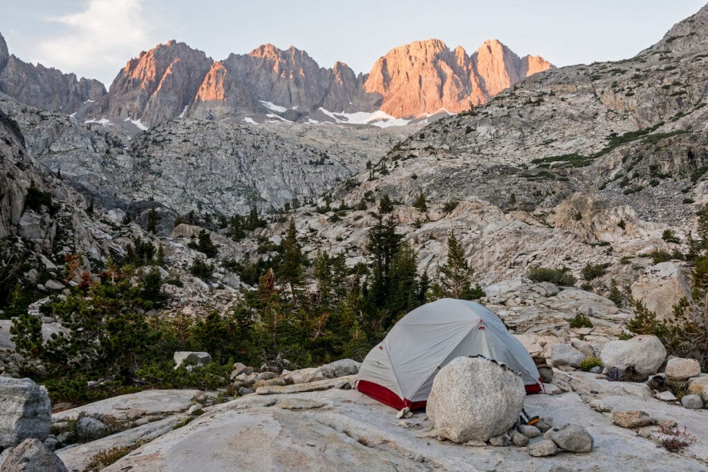a tent set up near Palisade Crest on the John Muir Trail