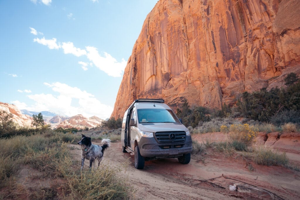 sprinter van parked on dirt road in moab utah