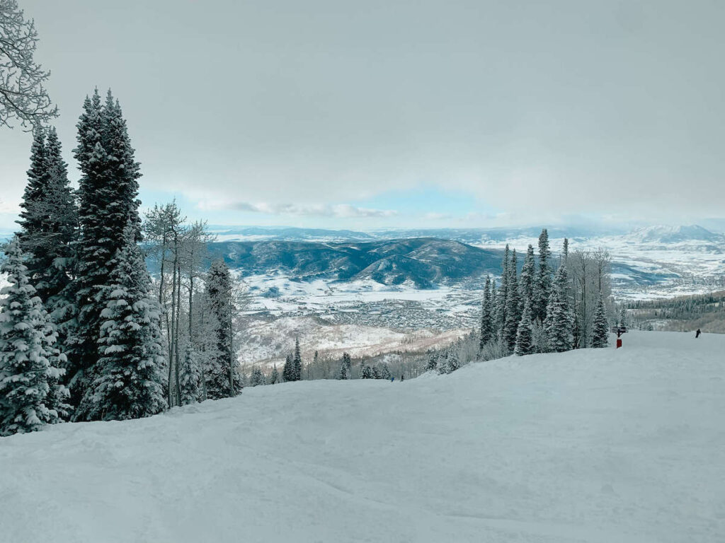 View out over Steamboat Springs, Colorado from ski slopes in winter