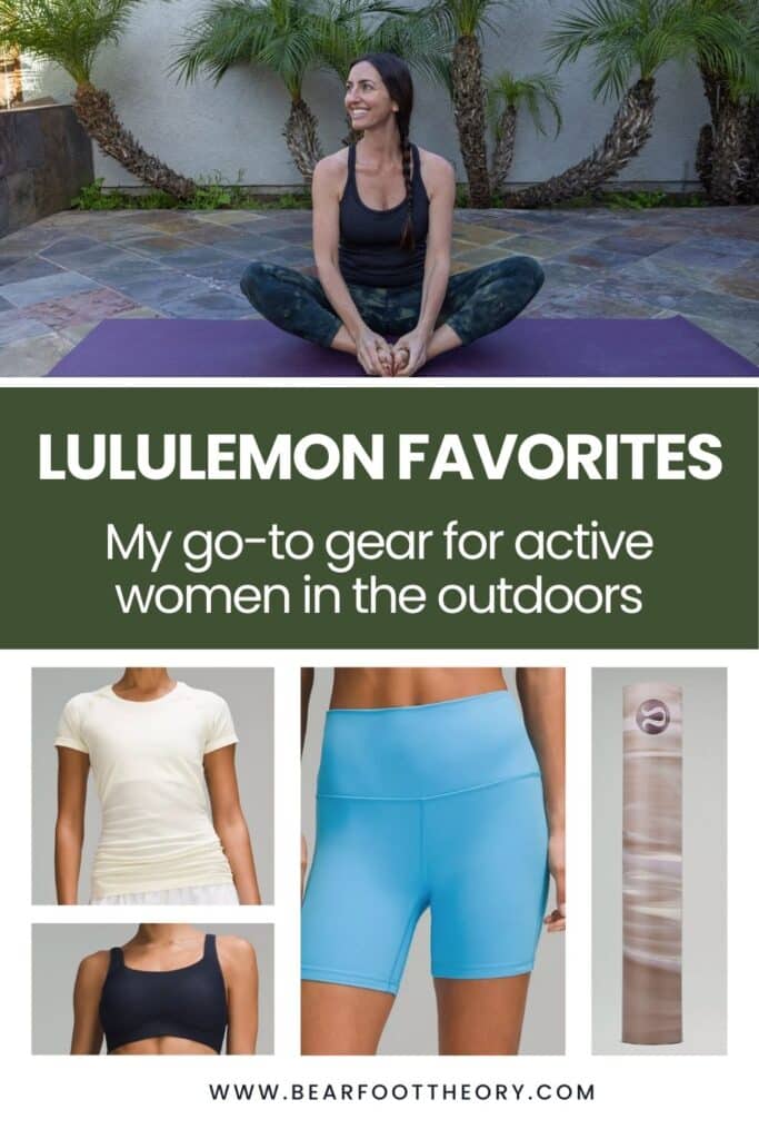 Collage of photos of activewear products. Top photo of woman sitting on yoga mat. Text reads "lululemon favorites: my go-to gear for active women in the outdoors"