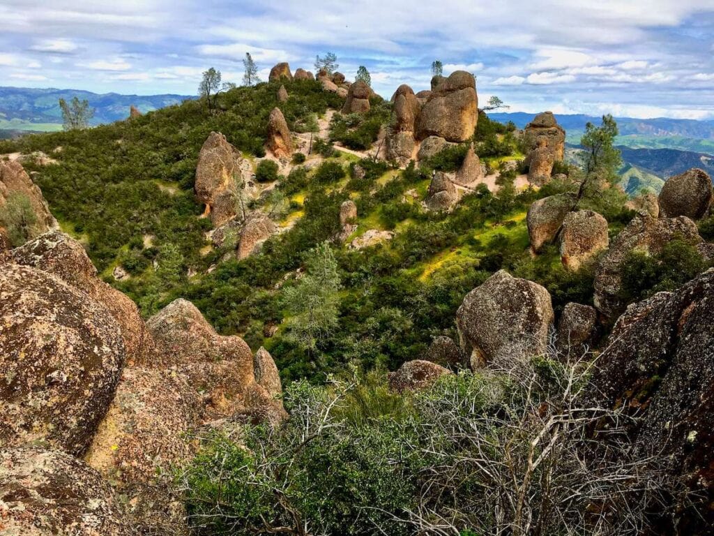 Tall rocks perched on a ridge in Pinnacles National Park, California