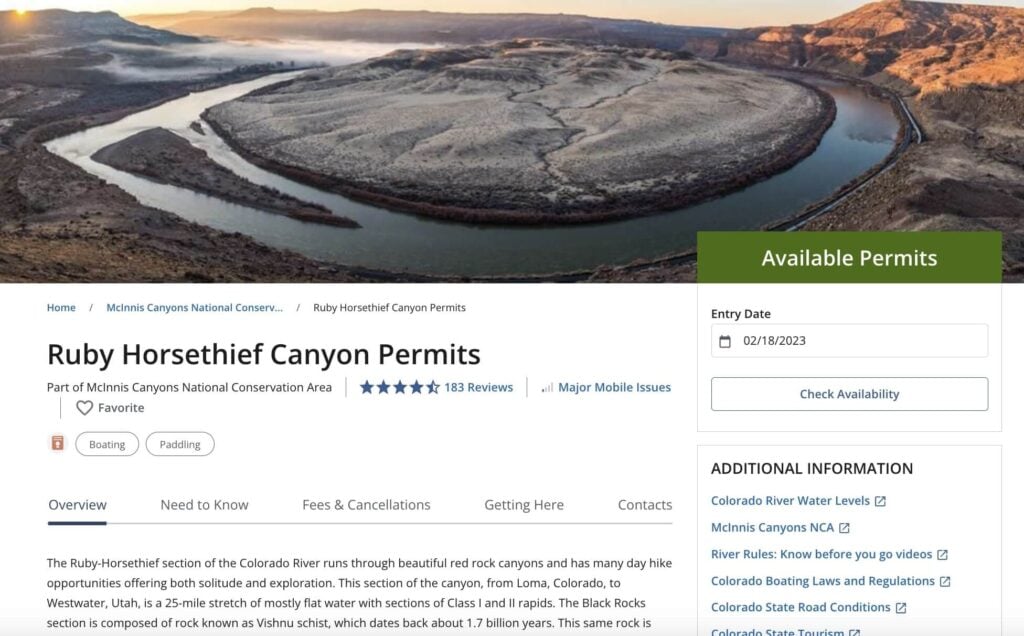 Screenshot of Ruby Horsethief permit page on Recreation.gov