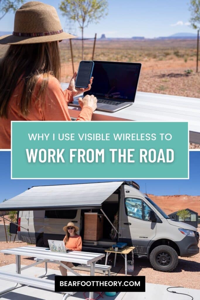 Kristen Bor with a laptop and her phone in her hand sitting at a picnic table. Text reads Why I use Visible Wireless to Work from the Road