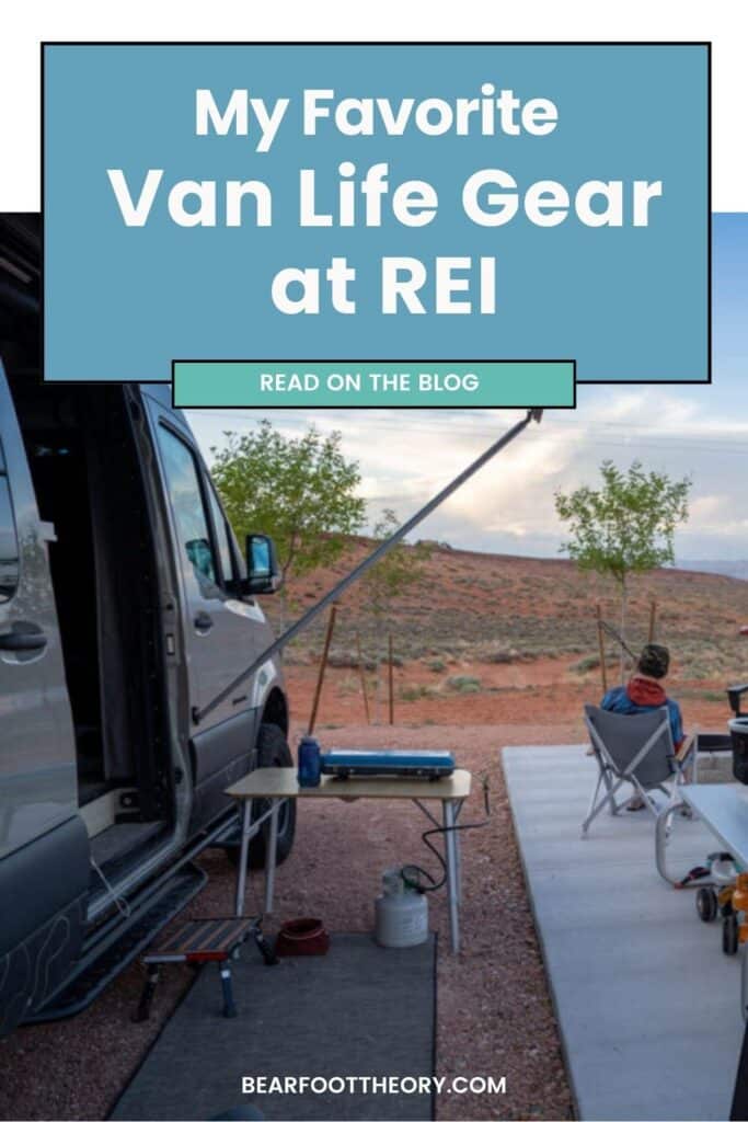 Sprinter Van parked at campsite. Text reads "My Favorite Van LIfe Gear at REI"