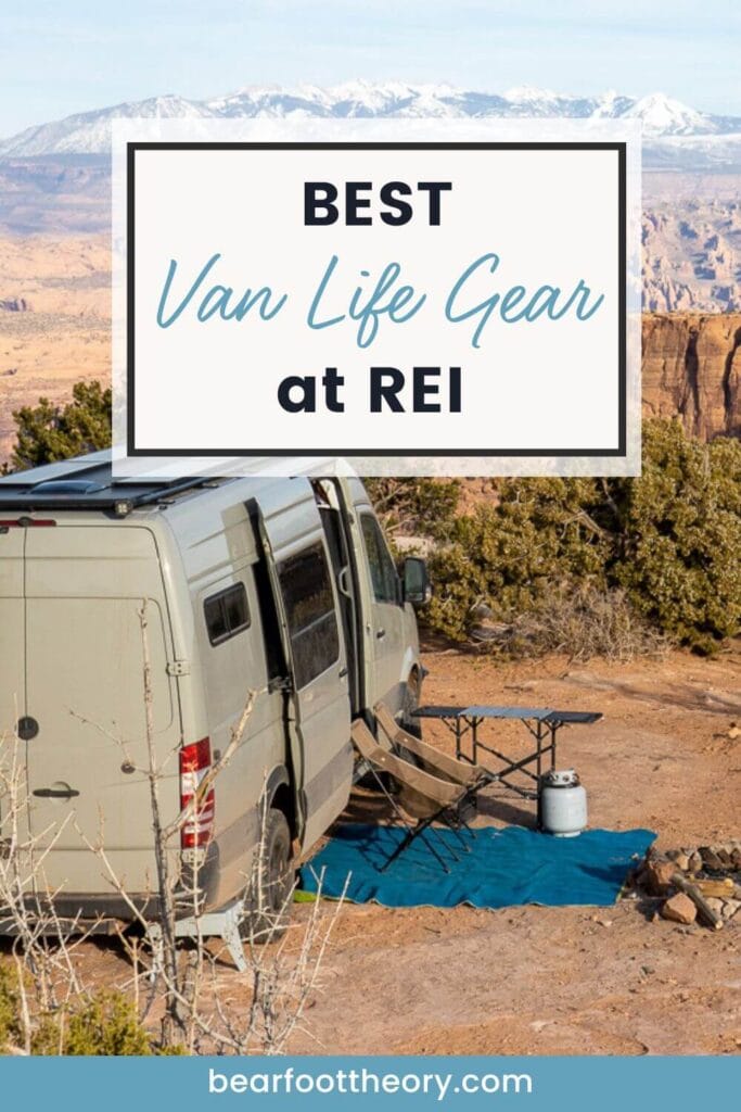 Sprinter Van parked at campsite in Moab. Text reads "Best Van Life Gear at REI"