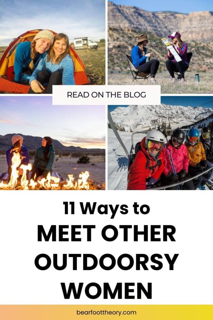 Kristen Bor smiling with different women with text that says "11 ways to meet other outdoorsy women"