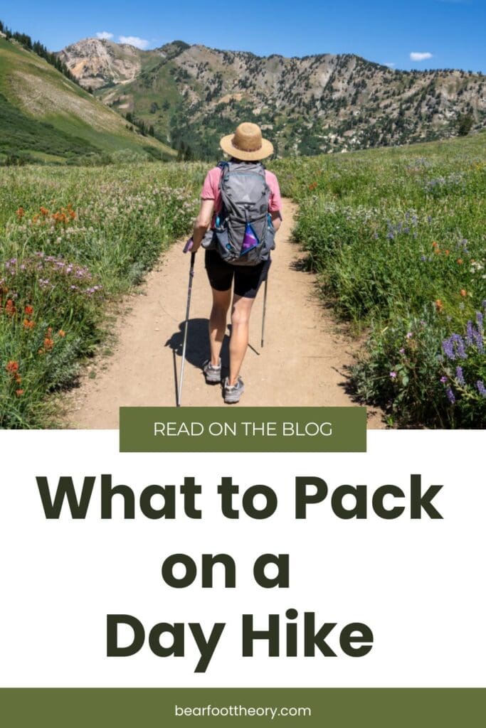 Kristen Bor hiking at Alta Ski area in summer with a gray backpack on. Text reads What to Pack on a day hike