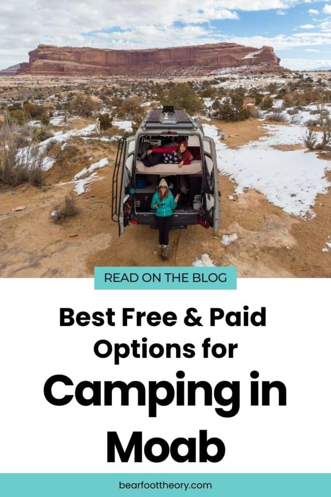 Kristen Bor and a woman smiling from the back of a Sprinter van with the back doors open on a dirt road in Moab with text that says "Best free and paid options for camping in Moab"