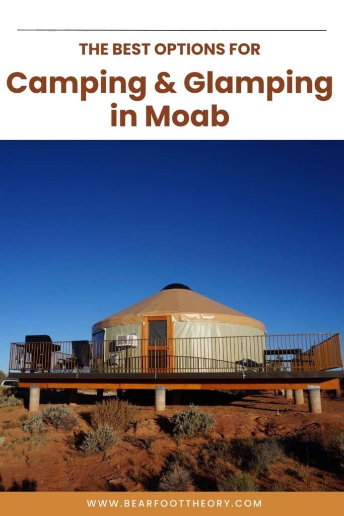 Yurt in Moab with a deck and text that says "The best options for Camping and Glamping in Moab"