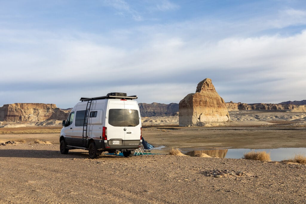 Caming off-grid in the Storyteller Overland Classic MODE van at Lone Rock Beach Campground at Lake Powell