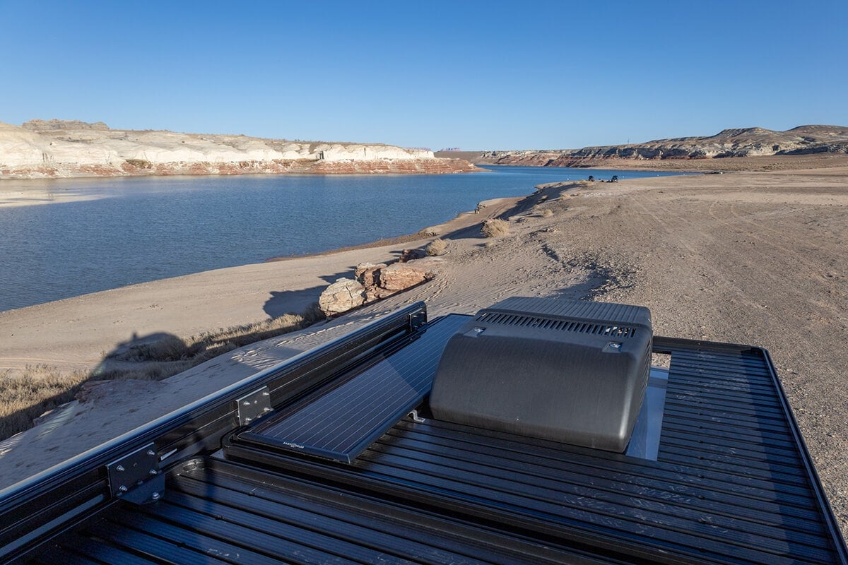 Roof rack and solar panel on top of the Storyteller Overland Classic MODE van