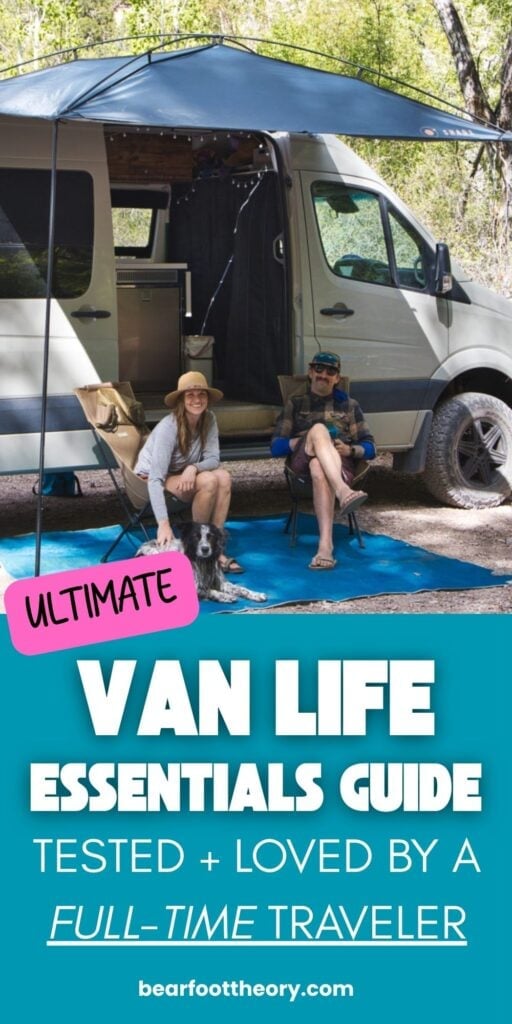 Woman and Man in front of a camper van with text that reads, "Ultimate Van Life Essentials, Tested + Loved by a Full-Time Traveler"